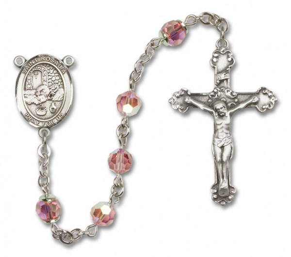 St. Rosalia Sterling Silver Heirloom Rosary Fancy Crucifix - Light Rose