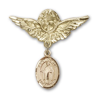 Pin Badge with St. Justin Charm and Angel with Larger Wings Badge Pin - Gold Tone