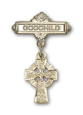 Baby Badge with Celtic Cross Charm and Godchild Badge Pin - Gold Tone