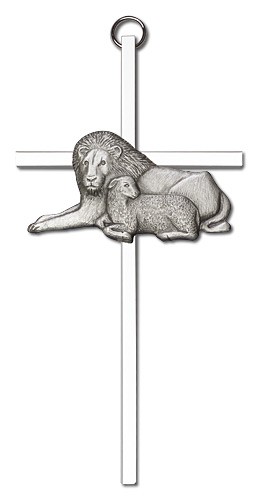 Lion and Lamb Wall Cross 6&quot; - Silver tone