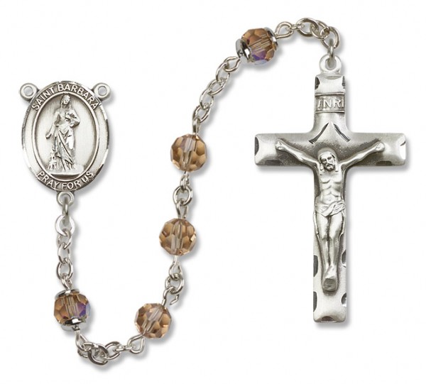 St. Barbara Sterling Silver Heirloom Rosary Squared Crucifix - Topaz