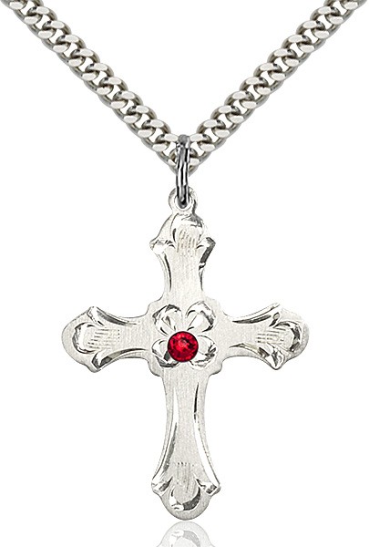 Budded Cross Pendant with Etched Border Birthstone Options - Ruby Red