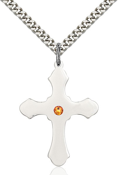 Large High Polished Soft Edge Cross Pendant with Birthstone Options - Topaz