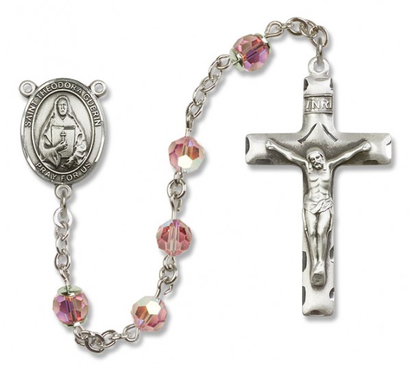 St. Theodora Guerin Sterling Silver Heirloom Rosary Squared Crucifix - Light Rose