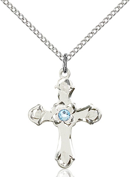 Medium Budded Cross Pendant with Etched Border Birthstone Options - Aqua
