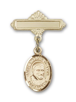 Pin Badge with St. Vincent de Paul Charm and Polished Engravable Badge Pin - 14K Solid Gold