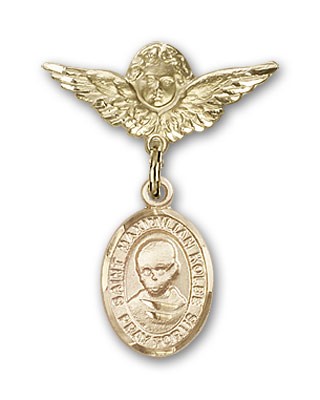 Pin Badge with St. Maximilian Kolbe Charm and Angel with Smaller Wings Badge Pin - Gold Tone