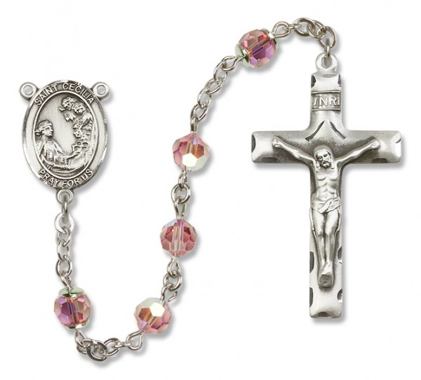 St. Cecilia Sterling Silver Heirloom Rosary Squared Crucifix - Light Rose