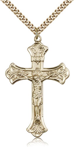 Men's Budded Tip with Scrolls Crucifix Pendant - 14KT Gold Filled