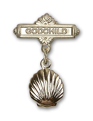 Baby Pin with Shell Charm and Godchild Badge Pin - Gold Tone