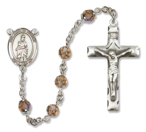 Our Lady of Victory Sterling Silver Heirloom Rosary Squared Crucifix - Topaz