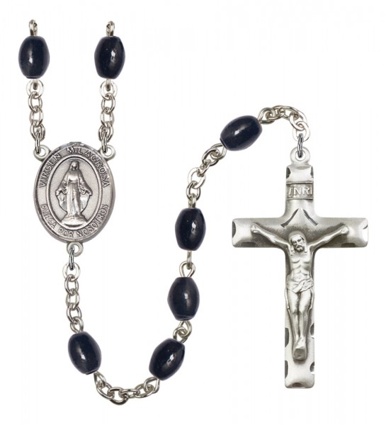 Men's Virgen Milagrosa Silver Plated Rosary - Black Oval