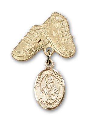 Pin Badge with St. Alexander Sauli Charm and Baby Boots Pin - 14K Solid Gold