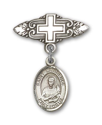 Pin Badge with St. Lawrence Charm and Badge Pin with Cross - Silver tone