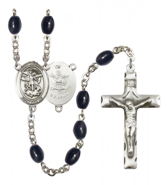 Men's St. Michael Army Silver Plated Rosary - Black Oval