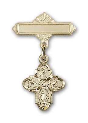 Pin Badge with 4-Way Charm and Polished Engravable Badge Pin - 14K Solid Gold