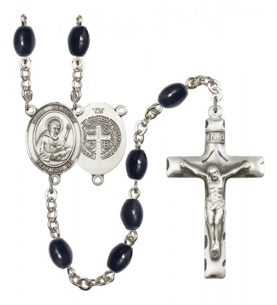 Men's St. Benedict Silver Plated Rosary - Black Oval