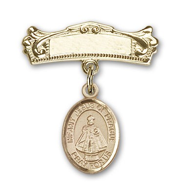 Pin Badge with Infant of Prague Charm and Arched Polished Engravable Badge Pin - 14K Solid Gold