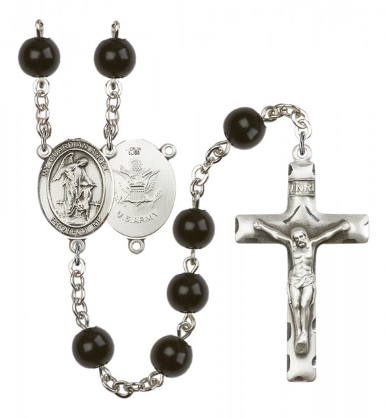 Men's Guardian Angel Army Silver Plated Rosary - Black