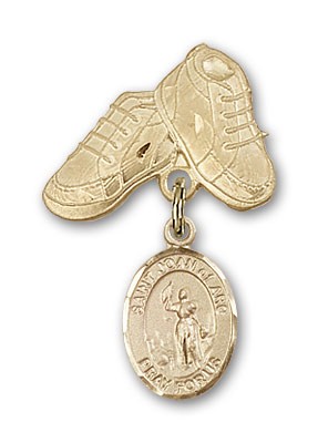 Pin Badge with St. Joan of Arc Charm and Baby Boots Pin - 14K Solid Gold