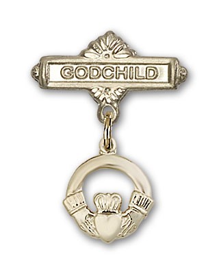 Baby Badge with Claddagh Charm and Godchild Badge Pin - 14K Solid Gold