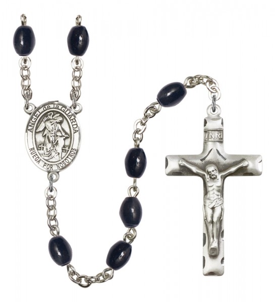Men's Angel de la Guardia Silver Plated Rosary - Black Oval