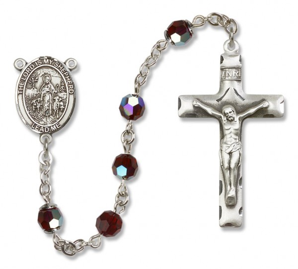 Lord Is My Shepherd Sterling Silver Heirloom Rosary Squared Crucifix - Garnet