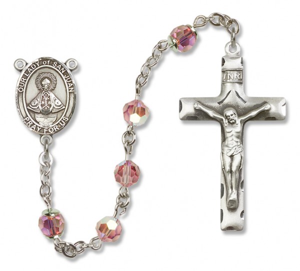 Our Lady of San Juan Sterling Silver Heirloom Rosary Squared Crucifix - Light Rose