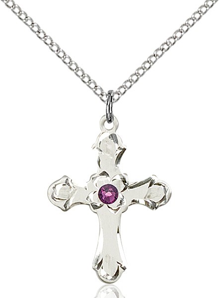 Medium Budded Cross Pendant with Etched Border Birthstone Options - Amethyst