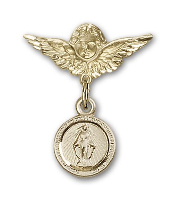 Baby Pin with Miraculous Charm and Angel with Smaller Wings Badge Pin - 14K Solid Gold