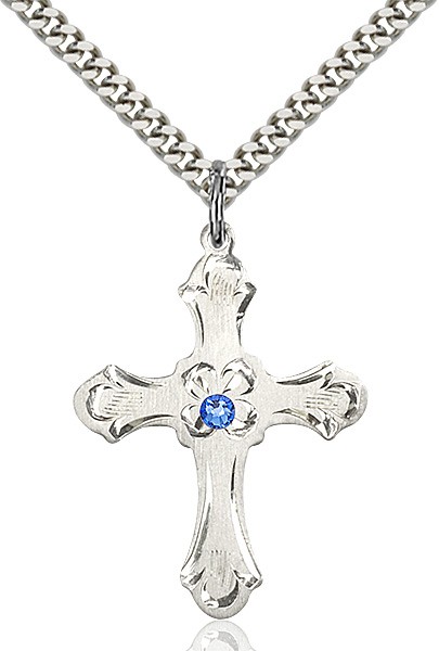 Budded Cross Pendant with Etched Border Birthstone Options - Sapphire