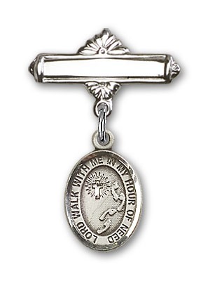 Pin Badge with Footprints Cross Charm and Polished Engravable Badge Pin - Silver tone