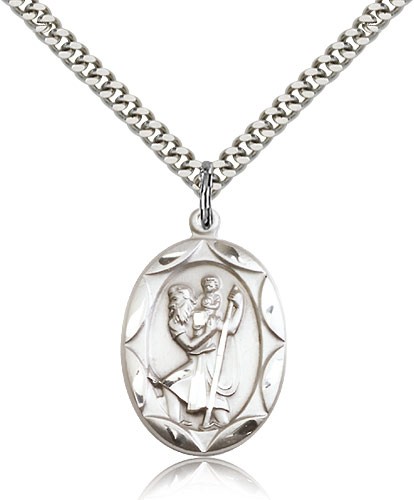 Scalloped Edge Blue Enamel Center St. Christopher Necklace - Sterling Silver