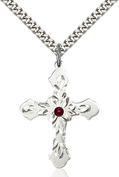 Floral and Petal Cross Pendant with Birthstone Options - Garnet