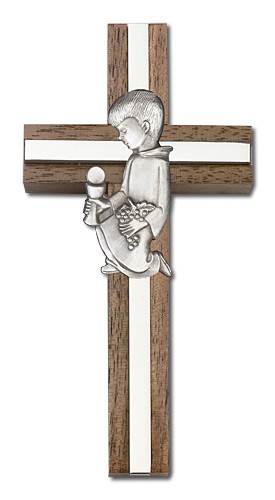 First Communion Boy Wall Cross in Walnut and Metal Inlay 4 inch - Silver tone