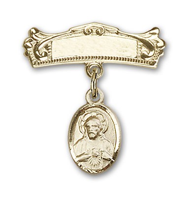 Baby Pin with Scapular Charm and Arched Polished Engravable Badge Pin - Gold Tone