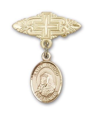 Pin Badge with St. Bruno Charm and Badge Pin with Cross - Gold Tone