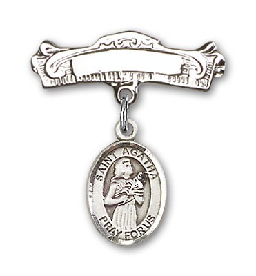 Pin Badge with St. Agatha Charm and Arched Polished Engravable Badge Pin - Silver tone