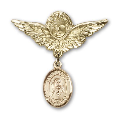 Pin Badge with St. Louise de Marillac Charm and Angel with Larger Wings Badge Pin - 14K Solid Gold