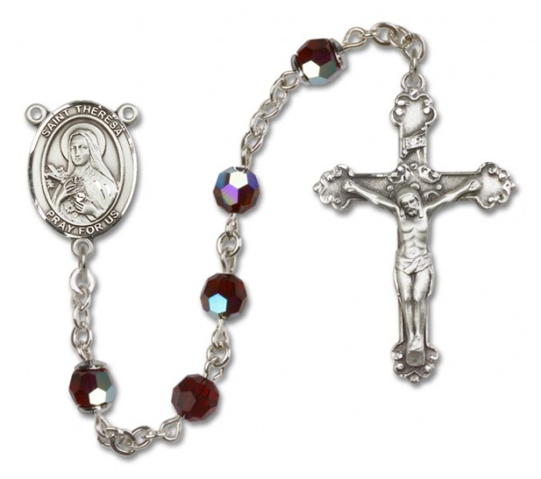 St. Theresa Sterling Silver Heirloom Rosary Fancy Crucifix - Garnet