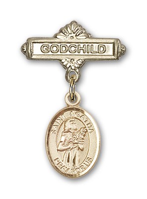 Pin Badge with St. Agatha Charm and Godchild Badge Pin - 14K Solid Gold