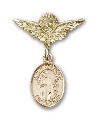 Pin Badge with St. Brendan the Navigator Charm and Angel with Smaller Wings Badge Pin - 14K Solid Gold