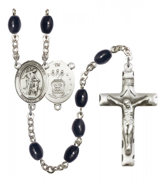 Men's Guardian Angel Air Force Silver Plated Rosary - Black Oval