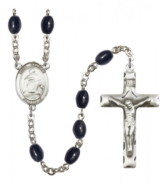 Men's St. Charles Borromeo Silver Plated Rosary - Black Oval