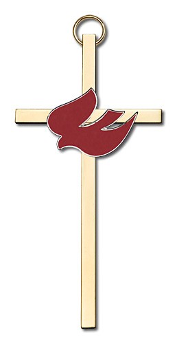 Holy Spirit Wall Cross with Red Dove 4&quot; - Two-Tone Gold