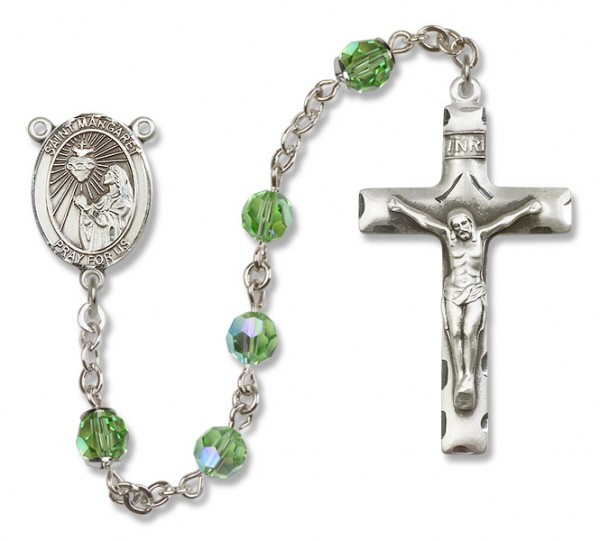 St. Margaret Mary Alacoque Sterling Silver Heirloom Rosary Squared Crucifix - Peridot