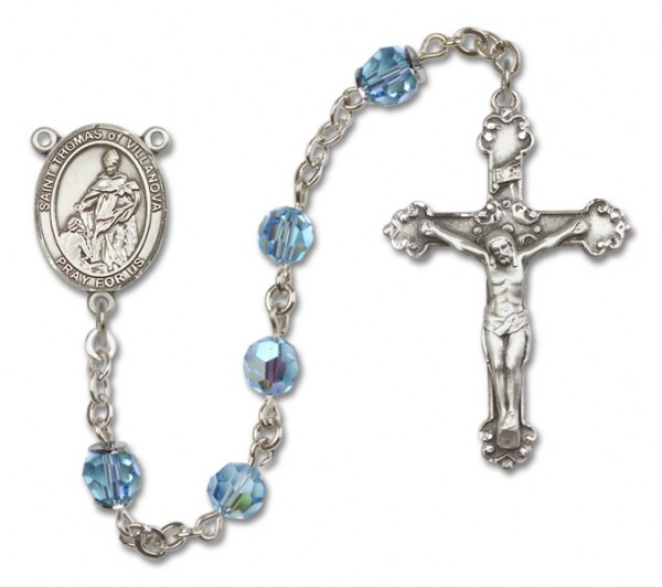 St. Thomas of Villanova Sterling Silver Heirloom Rosary Fancy Crucifix - Aqua