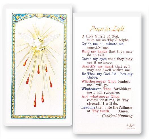 Prayer For Light Holy Spirit Laminated Prayer Card - 25 Cards Per Pack .80 per card