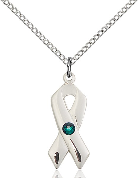 Awareness Ribbon Pendant with Birthstone Options - Emerald Green