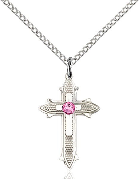 Polished and Textured Cross Pendant with Birthstone Options - Rose
